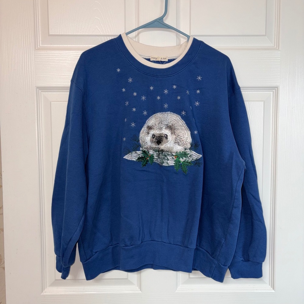 Margaux & Lexi Womens XXL Blue Embroidered Hedgehog Snowflake Sweatshirt‎ Winter